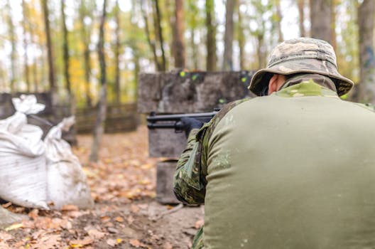 A man in camouflage gear aims during a paintball match in a forest setting.