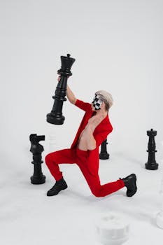A person in vibrant red poses dramatically with a giant chess piece, blending strategy and art.