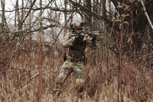 Armed soldier in camouflage attire moving through a dense forest during autumn.