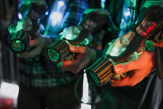 Close-up of players holding illuminated laser tag guns indoors.