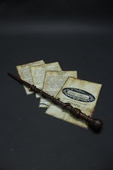 Close-up of vintage-inspired magical cards and a wand on a black background.