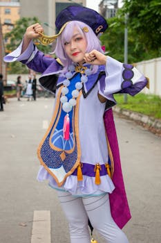 Cosplayer dressed as Qiqi from Genshin Impact in a detailed costume, posing outdoors.