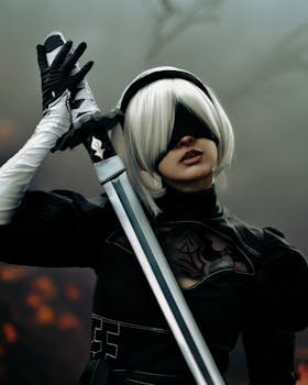 Intense cosplay of a futuristic warrior holding a sword, emanating an artistic vibe.