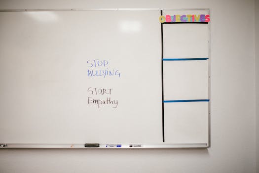 Whiteboard with messages to stop bullying and start empathy for school awareness.